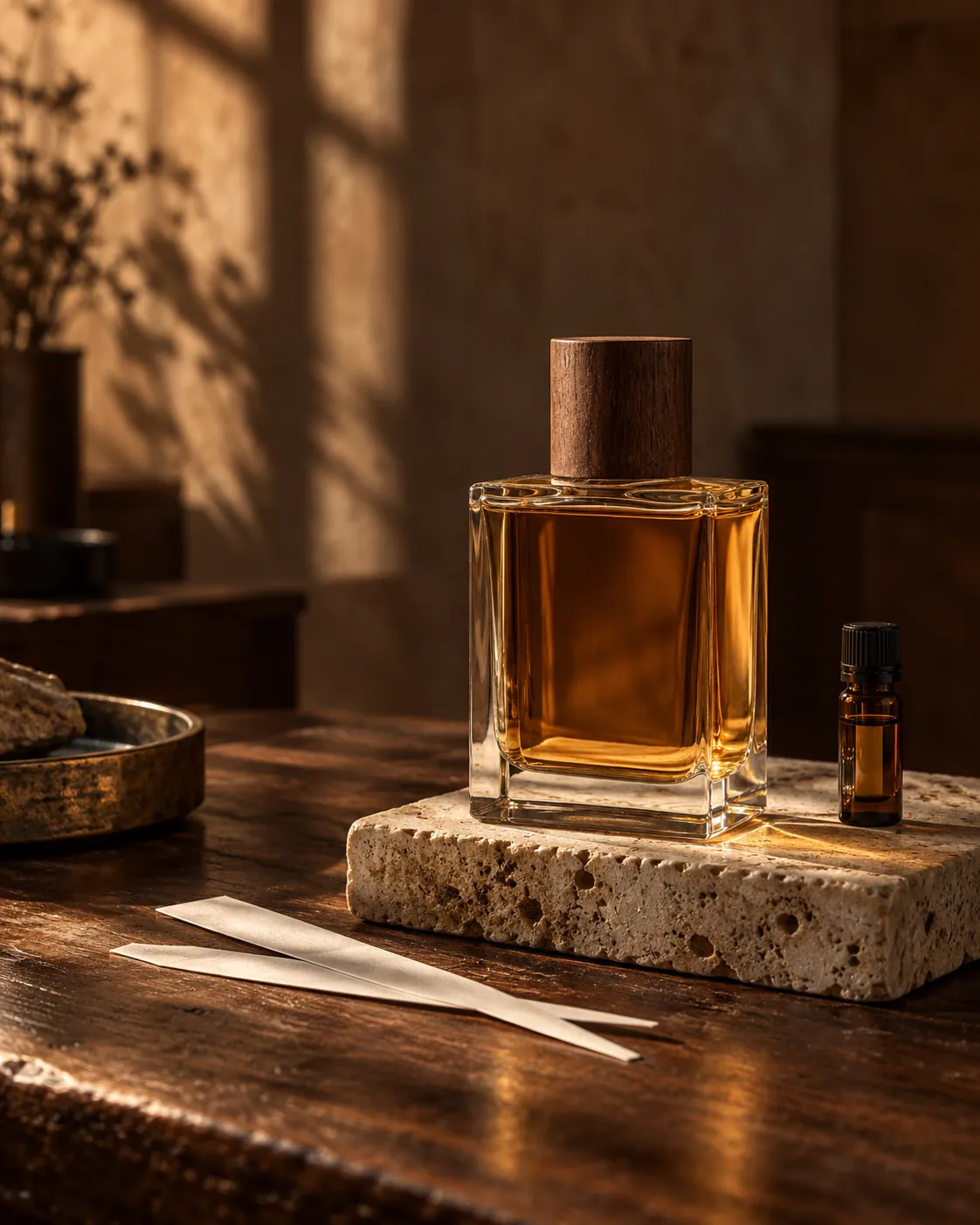 An unlabelled bottle of amber perfume and a sample vial on travertine, in warm afternoon light